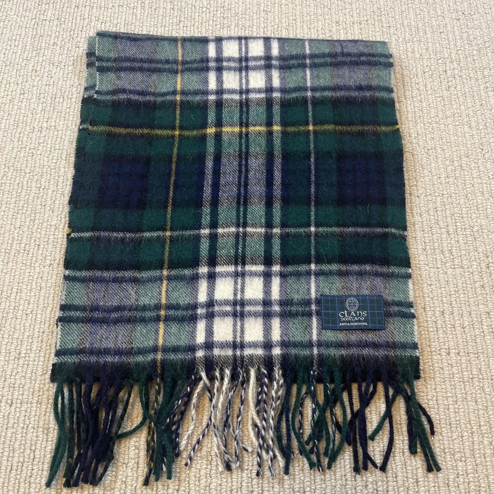 CLANS SCOTLAND 100% Lambswool Plaid Tartan Scarf Green/Navy 12x55